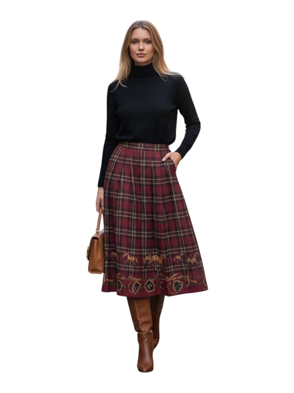 Vintage Burgundy Plaid Equestrian Midi Skirt Pockets Size 8 (M)